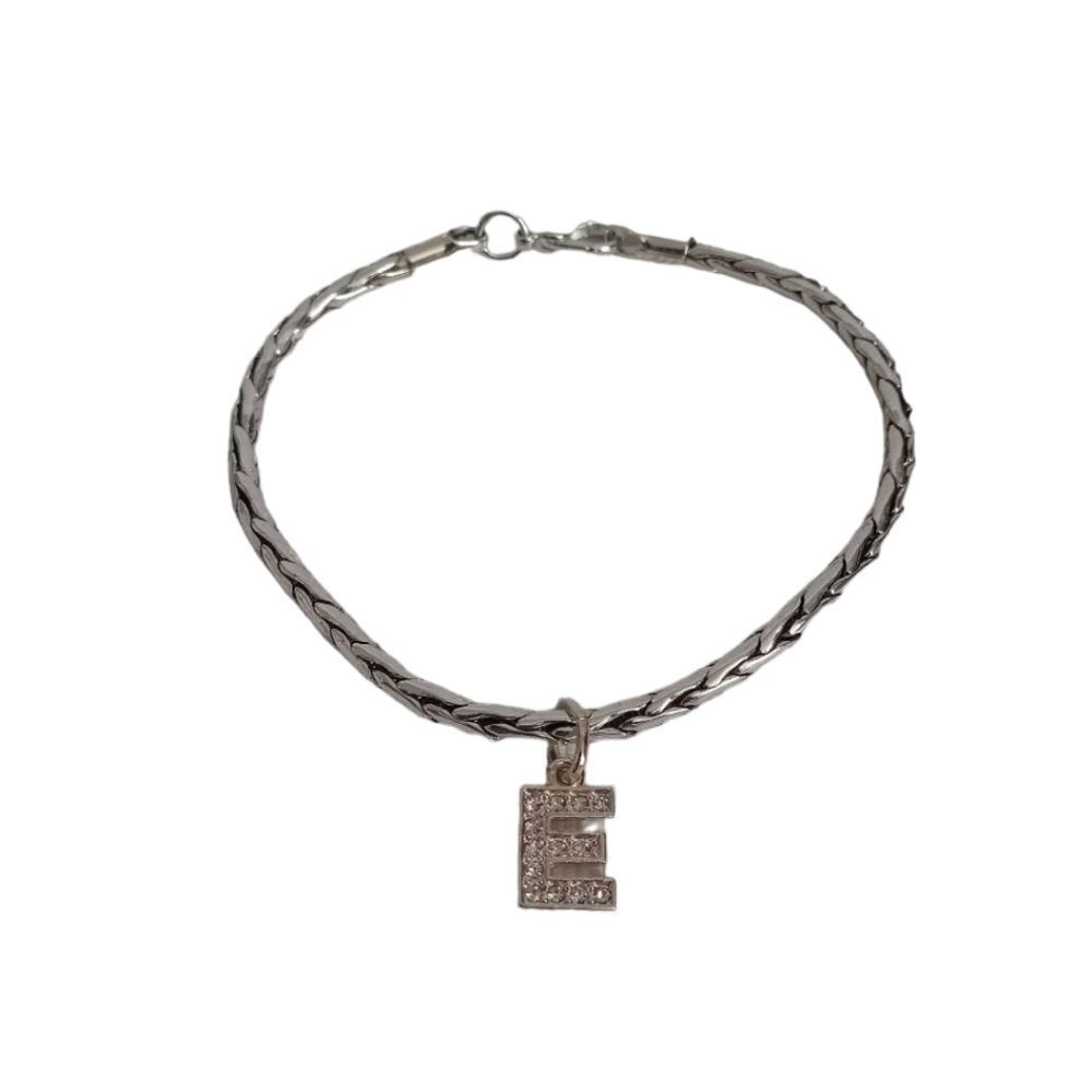 Rose Gold Rhinestone Encrusted Letter E Initial Charm Silver Tone Chain Bracelet